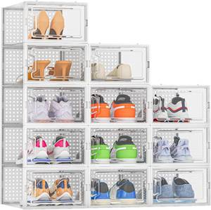 lot 20743 image: HOMIDEC Shoe Storage, 12 Pack Shoe Organizer for Closet, Shoe Boxes Clear Plastic Stackable Shoe Containers with Lids for Size 10