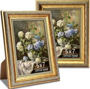 lot 20748 image: 5x7 Picture Frame, Ornate Vintage Gold Photo Frames with HD Glass for Wall Decor or Tabletop Display, Antique 5 x 7 photo frame with Distressed Rust-Like Finish, Retro Home Decor, 2 Pack