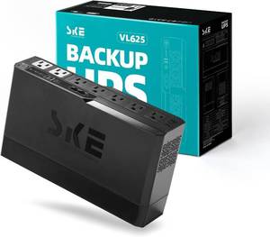 lot 20771 image: SKE VL625 625VA360W UPS Battery Backup and Surge Protector - Uninterruptible Power Supply with AVR, 7 Outlets, USB and Type-C Charging, RJ45 Port for Computer, Router, Modem, and Home Office Devices