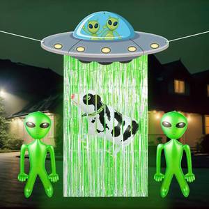 lot 21032 image: Alien Door Curtains with Tinsel Foil Fringe Curtain Alien Cow Balloon Party Decorations UFO Spacecraft Flying Saucer Spaceship Hanging Banner Backdrop for Birthday Baby Shower Wall Door Decor (Green)