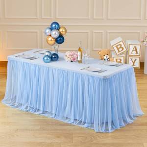 lot 21046 image: Suppromo 8ft Baby Blue Tulle Tablecloths for Rectangle Tables Light Blue 8 Foot Rectangular Table Cloth Wrinkle Free Table Cover with Tutu Skirt for Baby Shower Boy Birthday Party Banquet Buffet Cake