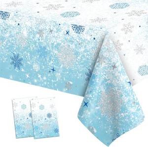 lot 21053 image: 2 PCS Blue White Plastic Snowflake Tablecloth(54x108 Inch) Frozen Birthday Winter Wonderland Decorations Disposable Table Cover Tablecloths for Christmas Holiday New Year Party Favors Supplies Decor
