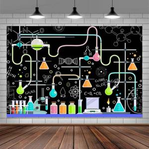 lot 21063 image: Chemical Science Fun Birthday Backdrop, Black Mad Scientist Chemical Experiments Party Decoration Background for Girl Boy, Colorful Beakers Measuring Cups Photography Background for School Class 7x5ft