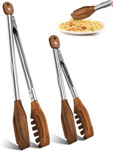 lot 21079 image: 3-in-1 Wooden Tongs for Cooking (9, 12) Natural Walnut Wood kitchen Tongs & Pasta Tongs for Cooking, Pasta, Salad, Grilling More  Stainless Steel Non-Slip Grip, Heat Resistant, Pull Lock (1 Piece)