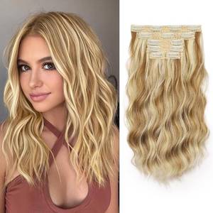 lot 21091 image: KooKaStyle Short Hair Extensions 6PCS 14 Inch Wavy Curly Hairpieces Synthetic Soft Lace Weft Clip in Hair Extensions-Honey Blonde to Bleach Blonde for Women
