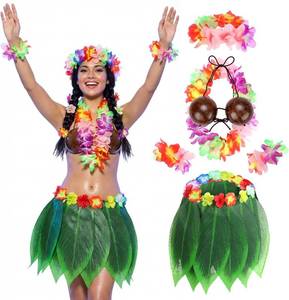 lot 21096 image: Shihanee Hawaiian Hula Grass Skirt Set Coconut Bra Tropical Leaf Hula Skirt with Artificial Hibiscus Flowers Leis for Women