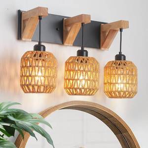 lot 21099 image: 3-Light Bathroom Vanity Light Fixtures, Rustic Style Rattan Bathroom Wall Sconce with Handmade Bamboo Woven Boho Wicker Lampshade, Farmhouse Wooden Bracket, Suit for Stairway Bedroom and Hallway