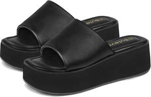 lot 20578 image: Chunky Platform Sandals for Women - Comfort Black Open Toe Slip on Platform Slides Y2K Wedge Sandals for Summer Casual size 6-6.5