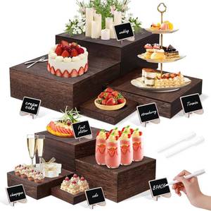 lot 20584 image: 8 Size Nested Buffet Risers with Mini Signs, 8PCS Rustic Wooden Cake & Dessert Display Set, Vintage Wood Crates for Party, Wedding, Baby Shower Table Decor
