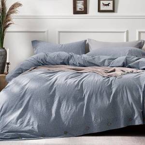 lot 20599 image: JELLYMONI Cotton Duvet Cover Full Size - Blue Vertical Pinstriped Comforter Cover with Button 100% Washed Cotton 3PCS Breathable Soft Solid Bedding Set Duvet Cover 80 90in & 2 Pillowcases