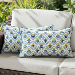 lot 20954 image: ANRODUO Floral Outdoor Pillow Covers 12x20 Waterproof Set of 2 Lumbar Block Print Decorative Cushion Cases with Refined Edge Piping for Summer Patio Porch Garden Couch Sofa Bench Decor Yellow