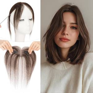 lot 20982 image: Clip in Bangs Real Human Hair for Women Side Bangs Hair Pieces Dark Brown Curtain Fringe Hand-Tied Lace Base Invisible Hairline
