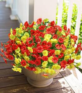 lot 21102 image: HyeFlora Artificial Flowers for Outdoors Fake Plants Outside Decoration, 12 Bundles Silk Colorful Morning Glory with Eucalyptus UV Resistant Realistic Faux Flowers for Planter Porch Patio Yard Garden