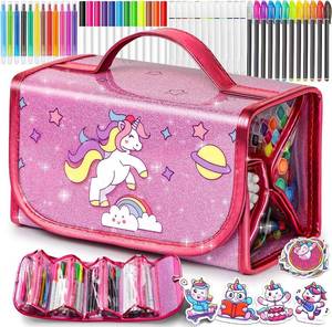 lot 21108 image: beefunni Unicorn Washable Markers Set 48 pcs with Glitte Pencil Case, Art Supplies for Kids Ages 4-6-8, Arts Crafts Coloring Set with Stickers - Birthday Gifts for Girls 4 5 6 7 8 9 Year Old