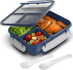 lot 21119 image: WHALEHOUSE Large Capacity Bento Box for Adult, 1700ML 3 Compartments Lunch Box with Utensil, Airtight Food Container with Lids for Meal Prep, MicrowaveDishwasherFreezer Safe, On the Go (Dark Blue)