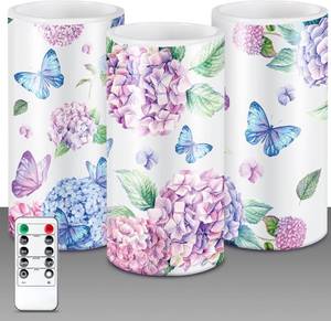lot 21121 image: ROCEEI 3 Pcs Spring Flameless Candles Hydrangea Decoration Butterfly LED Candles with Remote Timer Battery Operated Flickering Floral Candle Real Wax Table Centerpiece for Home Easter Wedding Decor