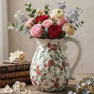 lot 21131 image: Vintage Ceramic Vase - 8.2 Inch Hand-Painted Roses with Ice Crackle Glaze Finish, American Farmhouse Style Pitcher Vase for Home Decor, Centerpiece, Shelf, Table, Office, Rustic Wedding Gift