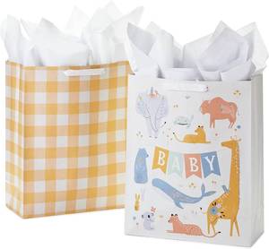 lot 21139 image: Hallmark 15 Extra Large Gift Bags with Tissue Paper (2 Bags Baby Animals, Yellow Gingham) for Baby Showers, 1st Birthdays, Gender Reveal Parties