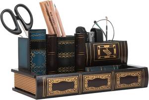 lot 21141 image: Decorative Pencil and Pen Holder with Storage Drawer, Wooden Desk Organizer Caddy, Antique Library Books Design Pen Cup for Office Supplies, Countertop, Desk,Table (Reddish brown)