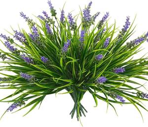 lot 21144 image: obbsie 12 Bundles Artificial Plants Outdoor, 18.2 UV Resistant Faux Monkey Grass Greenery Stems No Fade Faux Plastic Flowers Shrubs for Home Weddings Garden Porch Front Patio Office Decor - Purple