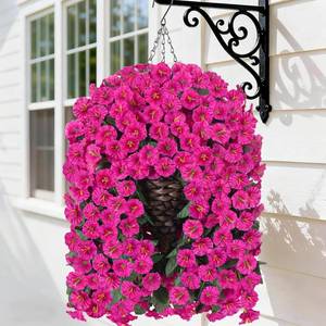 lot 21147 image: HyeFlora Artificial Fake Hanging Flowers Plants Baskets for Outdoor Outside Decoration, Faux Silk UV Resistant Realistic Fuchsia Morning Glory Planter for Home Porch Patio Balcony Garden Yard