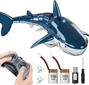 lot 21154 image: TEMI 2.4GHz Remote Control Shark Toy for Pool, 118 Scale RC Shark with 2 Motors, Water Spraying and Light, Rechargeable Outdoor Pool RC Sharks Gifts Toy for Age 3-9 Year olds Kid Boys Girls