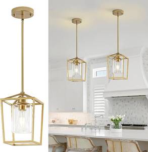 lot 21158 image: 2 Pack Gold Pendant Lights Kitchen Island, Modern Farmhouse Kitchen Pendant Light Fixtures, Metal Cage Island Lights with Clear Glass Shade for Kitchen, Entryway, Dining Room, Hallway