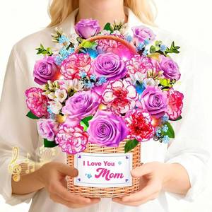 lot 21189 image: MZD8391 Birthday Card With Music & Lights, 3D Pop Up Birthday Days, Carnation & Rose, 10 Inch Life Sized Forever Flower Bouquet Birthday Gifts for Mom Wife Women Her