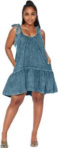 lot 21307 image: Denim Dress for Women Tie Shoulder Sleeveless Denim Mini Dress Casual Flowy Babydoll Dress Wash Jean Dress, 3XL