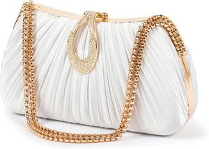 lot 21310 image: Womens Pleated Satin Clutch Purse  Evening Bag with Rhinestone Clasp & Detachable Chain  Formal Party Wedding Handbag