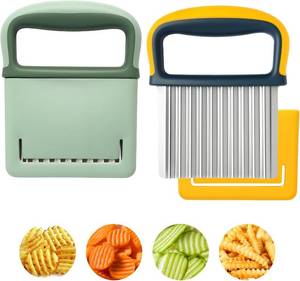 lot 21317 image: 2 Pack Crinkle Cutter Set - French Fry Cutter for Potatoes, Premium Stainless Steel Potato Slicer, Safe Wavy Veggie Slicer with Blade Cover, Space-Saving Crinkle Knife