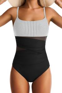 lot 21325 image: One Piece Swimsuit for Women Tummy Control Mesh Bathing Suits Sexy Push Up Swimsuits Slimming Square Neck Swimwear, Size XL