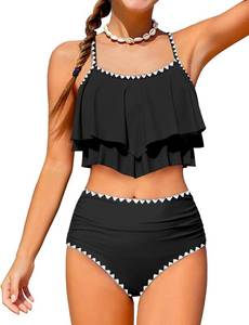 lot 21332 image: Girls Swimsuit Bikini Set 2 Piece Bathing Suit Tiered Ruffled Contrast Trim Adjustable Straps Girls Swimwear 13-14Y