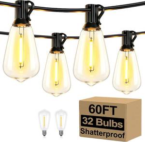 lot 20436 image: Brightever LED Outdoor String Lights 60FT with 32 Shatterproof ST38 Vintage Edison Bulbs, Outside Hanging Lights Waterproof for Patio, Porch, Deck, Garden, Backyard, Balcony, 2700K Dimmable