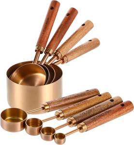 lot 20437 image: 8-Piece Stainless Steel Measuring Cups and Spoons Set - Rose Gold Baking Measuring Cups and Spoons Set with Wooden Handles for Cooking & Baking (US & Metric Measurements)