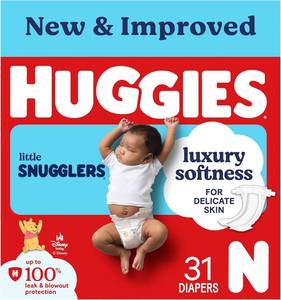 lot 20448 image: Huggies Size Newborn Diapers, Little Snugglers Baby Diapers, Size Newborn (up to 10 lbs), 31 Count, Packaging May Vary