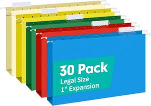 lot 20571 image: HERKKA Extra Capacity Legal Size Hanging File Folders, 30 Pack Reinforced Legal Size Hanging Folders with Heavy Duty 1 Inch Expansion, Designed for Bulky Files, Medical Charts, Assorted Colors