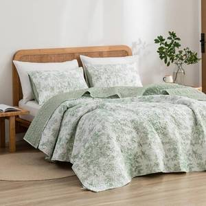 lot 20573 image: Wonderful Sage Green Floral Quilt King Size, Summer Cooling 3 Piece Cotton Vintage Farmhouse Bedding Set, Machine Washable Lightweight Soft Bed Cover for All Season
