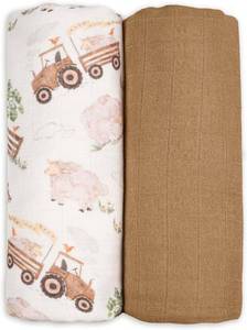 lot 20778 image: GLLQUEN BABY Muslin Swaddle Blankets Breathable Receiving Blankets (35 x 40) 2-Pack Soft Baby Blankets for Girls and Boys Newborn Essentials Muslin Burp Cloths Swaddle Wrap Baby Gift(Barn Prelude)