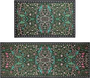lot 20801 image: Vintage Floral Kitchen Mat Set of 2, Dark Green Floral Kitchen Rugs and Mats Non Slip Washable, Home Decor Low-Profile Kitchen Rugs for Floor (16.5x29.516.5x47)