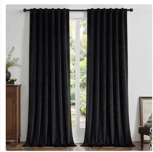 lot 20817 image: Joydeco Black 100% Blackout Curtains 90 Inch 2 Panels, Luxury Thermal Insulated Black Velvet Curtains for Bedroom Living Room, Soundproof Blackout Window Drapes, Rod Pocket & Back Tab (52W x 90L)