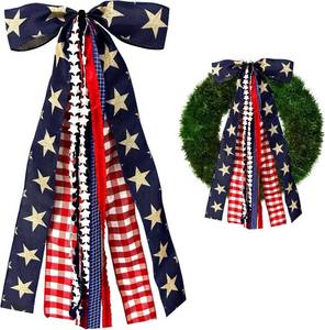 lot 20839 image: Large Patriotic Ribbon Bow, 4th of July Red White and Blue Bows Clip-On Star Sash Patriotic Wreaths for Front Door Indoor Outdoor Memorial Day Decoration