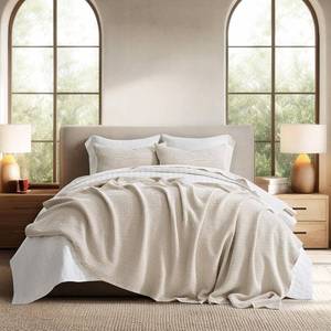 lot 20845 image: EverGrace 100% Cotton Waffle Bed Blanket King Size, Soft Premium Cotton Coverlet Set with 2 Matching Shams, Lightweight All Season Bedding Set, Oversized Bedspread 108x96, Birch