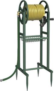 lot 20856 image: Garbuildman Ground Mount Garden Hose Reel Holds 125 Feet of 58-Inch with 3.9 ft Leader Hose, Brass Fitting, Water Hose Holder Stand with Storage Rack &amp 4 Spikes Base for Outdoor Lawn, Green - Retail $83.59