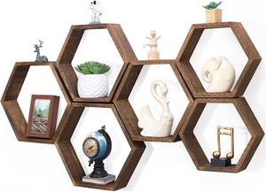 lot 20870 image: NOVIMANGO Hexagon Floating Shelves Set of 6 Honeycomb Shelves for Wall Wood Farmhouse Storage Home Decor Shelf Wall Mounted Wooden Hexagonal Shelves for Bedroom Living Room Nursery, Rustic Brown