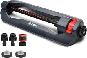 lot 20876 image: Eden 96213EDAMZ Weighted Essential Oscillating Sprinkler  Covers Up to 3,600 sq. ft., 16 Precision Nozzles, Adjustable Range, Turbo Drive Motor, Quick Connect Bundle, Stainless Steel Filters, Black