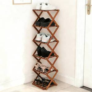 lot 20894 image: Bamboo Shoe Rack 6 Tier Foldable Shoe Rack Narrow Vertical Shoe Organizer Free Standing Shelf, Multifunctional Slim Storage for Entryway, Corner, Bedroom, Hallway, Walnut Color
