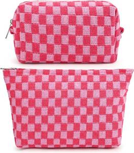 lot 20898 image: SOIDRAM 2 Pieces Makeup Bag Large Checkered Cosmetic Bag Capacity Canvas Mix Travel Toiletry Bag Organizer Cute Makeup Brushes Aesthetic Accessories Storage Bag for Women, Checkered Mix Rose Red