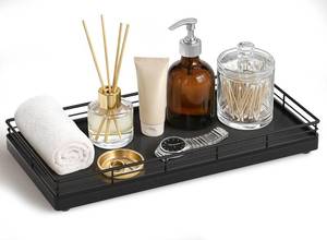 lot 20923 image: Bathroom Vanity Tray for Countertop, 12 x 6 Oak Wood Toilet Tank Tray with Metal Guardrail, Bathroom Organizer for Soap, Perfume & Skincare, Non-Slip Decorative Tray for Dresser & Vanity, Black