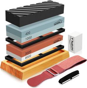 lot 21236 image: HMPLL Knife Sharpening Stone Set, Professional Whetstone 4 Side Grit 4001000 30008000, Whetstone Knife Sharpener Stone Set Include Non-slip Base, Leather Strop, Flattening Stone & Angle Guide